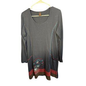 Aller Simplistica Long-Sleeve Embroidered Tunic Dress L 100% Cotton Nepal Made B